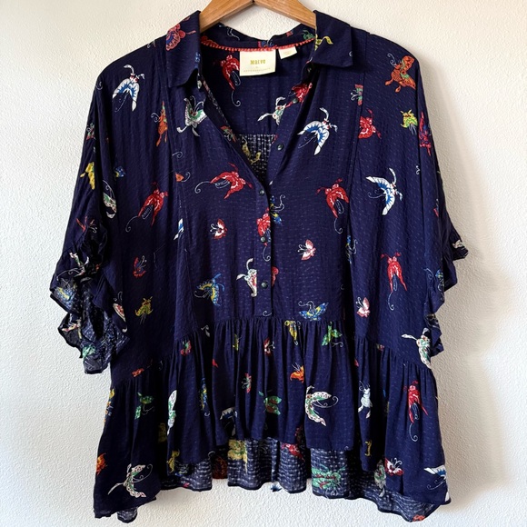 Anthropologie Tops - Anthropologie Maeve Navy Butterfly Printed Blouse